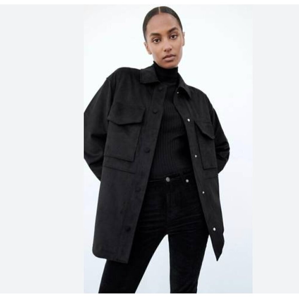 Zara Women's Size Large Black Faux Suede Button Snap Shacket